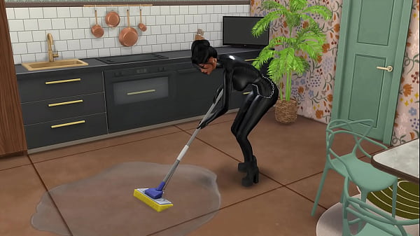 Husband cheats on wife with busty maid in kitchen, hentai